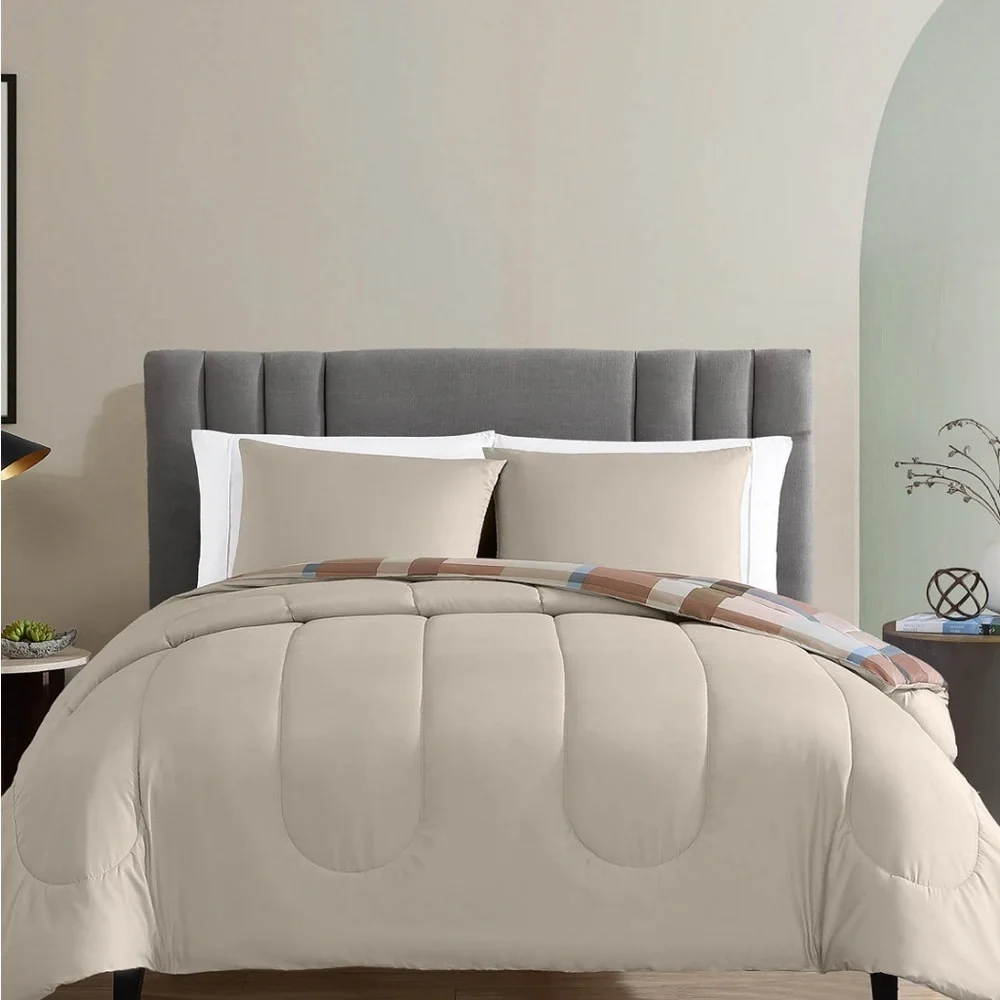 Plaid Pattern Comforter Set - Rust and Cream Queen - Picture 2 of 7